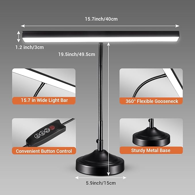 Piano Light, LED Piano Lamp for Upright/Digital/Grand Pianos, Flexible Gooseneck Music Stand Light with 3 Color Modes×10 Brightness, Desk Lamp for Home Office, Black, 10W, 1000LM (with Base)