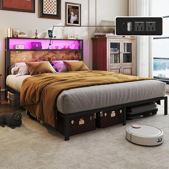 Queen Size Bed Frame with 2-Tier Storage Headboard with Charging Station and 12 Color LED Lights,2 Tier Solid Wood Headboard Storage,Noise Free, No Box Spring Needed/Remote Control/Vintage Brown