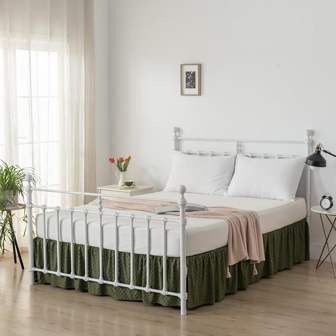 Tufted Dot Bed Skirt Queen Size Ruffled Bed Skirt with Split Corners, 12 Inch Drop Dust Ruffle Bed Skirts with Platform, Olive Green