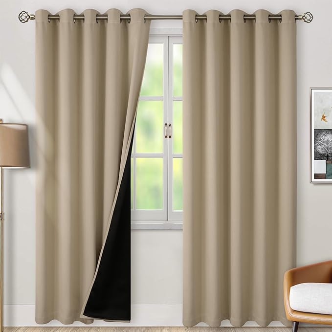 BGment Thermal Insulated 100% Blackout Curtains for Bedroom with Black Liner, Double Layer Full Room Darkening Noise Reducing Grommet Curtain (60 x 84 Inch, Sand, 2 Panels)