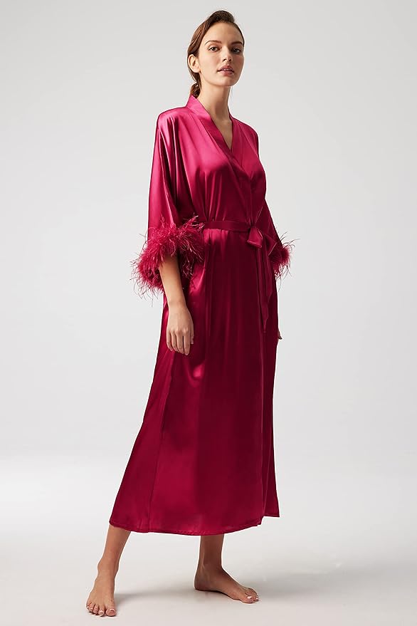 PRODESIGN Satin Kimono Robe Long Silky Bathrobe with Ostrich Feather Trim Sleepwear Wedding Bridesmaid Dressing Gown