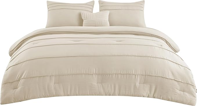 Bedsure Queen Comforter Set - 4 Pieces Pinch Pleat Bed Set, Linen Boho Bedding for All Season, 1 Soft Comforter, 2 Pillowcases, 1 Decorative Pillow