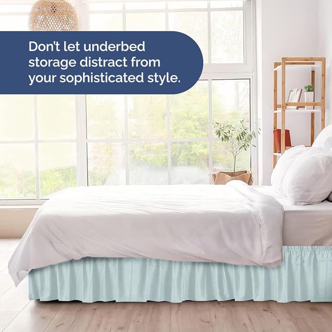 Wrap Around Dust Ruffle Bed Skirt - Ice Blue - for Full Size Beds w/ 15 Inch Drop - Easy Fit Elastic Strap - Adjustable Pleated Bedskirt w/Brushed Fabric - Wrinkle Free - for Women, Men, Kids & Teens