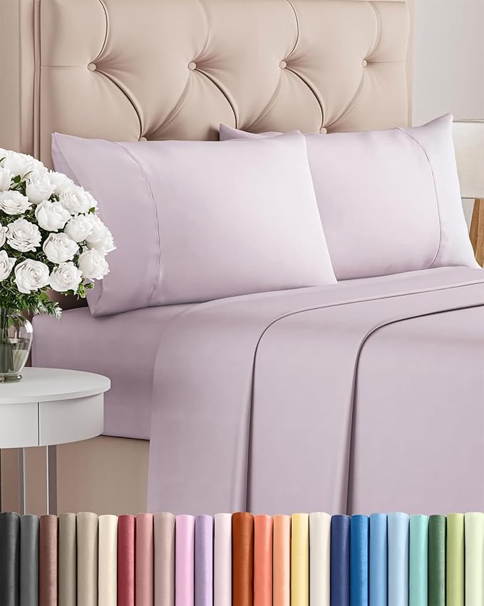 Twin 4 Piece Sheet Set - Cooling & Breathable - Hotel Luxury Bedding, Includes Fitted Sheet for Women, Men, Kids and Teens - 1 Flat, 1 Fitted Sheet, 2 Pillowcases with Deep Pockets - Light Lavender