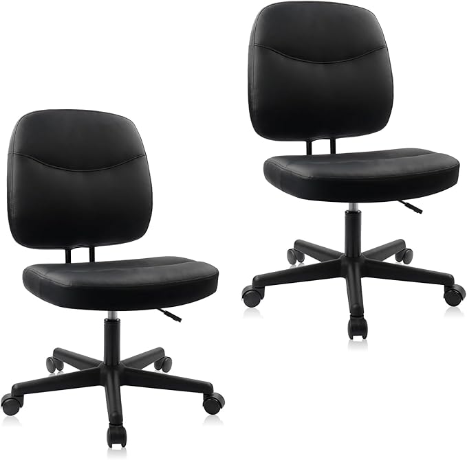 CLATINA Armless Home Office Chair, Small PU Leather Ergonomic Low Back Desk Chair with Lumbar Support and Wheels, Adjustable Height 360° Swivel Rolling Computer Task Chair, Black, 2 Pack