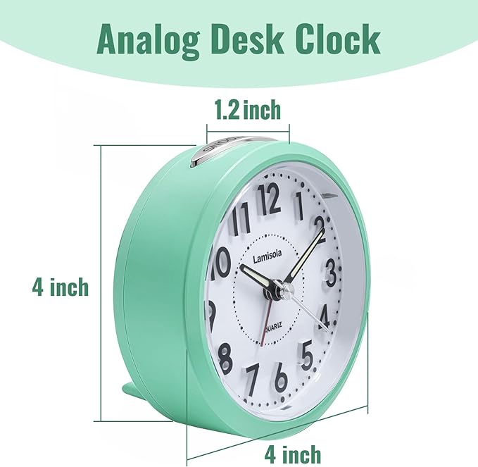 4 Inch Analog Battery Alarm Clock for Seniors, Small Desk Bedside Nightstand Vintage Clock, Alarm Clocks for Bedrooms Bathroom Kithchen Home Office Decor, Large Display for Elderly, Mint