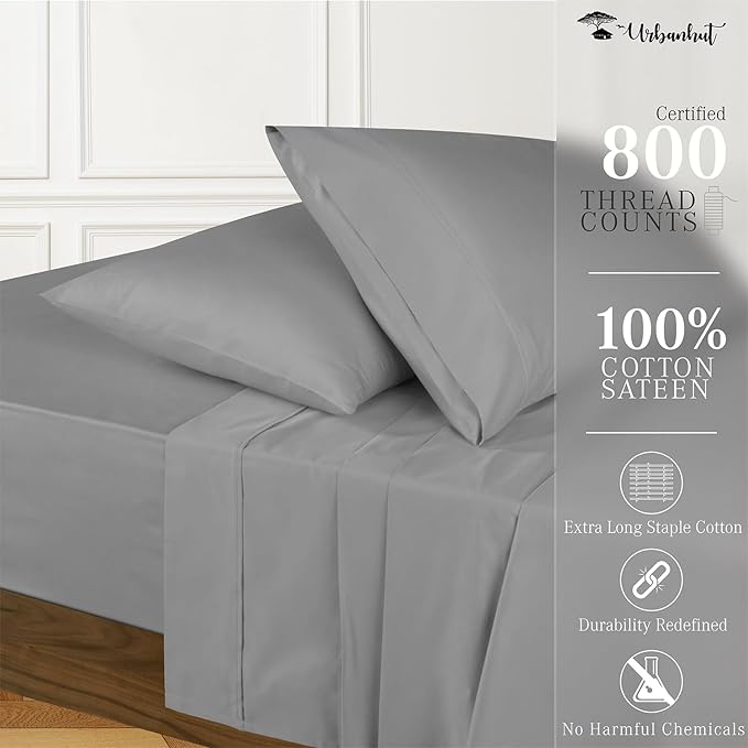 URBANHUT 800 Thread Count 100% Cotton King Size Sheets, Luxury 4 Piece King Bedsheets, Hotel Sheets Sateen Finish - Better Than Egyptian, 16" Elasticized Deep Pocket - Dark Grey