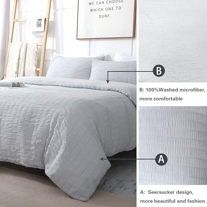 AveLom Light Gray Duvet Cover Cal King(104 x 98 inches), 3 Pieces (1 Duvet Cover, 2 Pillowcases), Seersucker Striped Soft Washed Microfiber, Textured Duvet Cover Set with Zipper Closure, Corner Ties