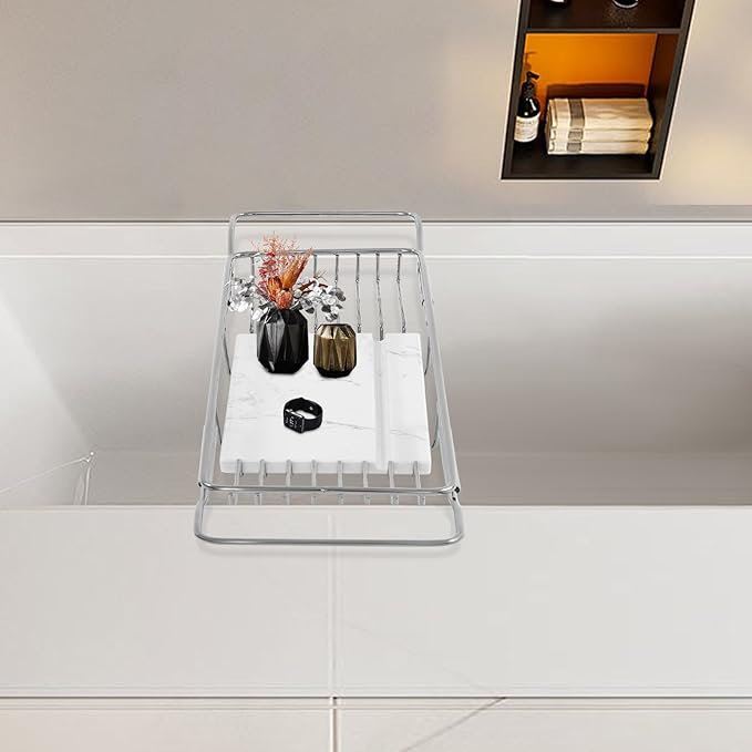 Bathtub Tray & Bathtub Caddy, Expandable Stainless Steel Bath Tub Table with Reading Holder, Adjustable Over The Tub Tray for Bathroom Accessories and Organization