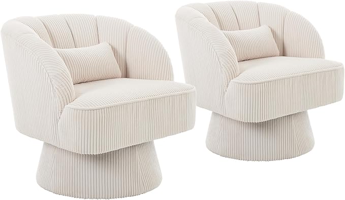 GarveeHome Modern Swivel Barrel Accent Chair, 360° Velvet Upholstered Armchair with Striped Backrest & Plush Padding, Comfy Round Lounge Chair (1, Beige + Corduroy)