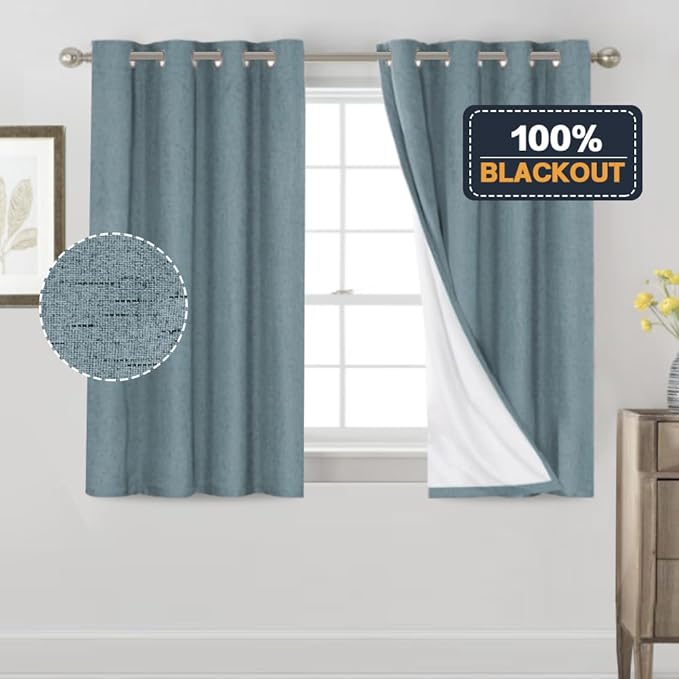 PrinceDeco 100% Blackout Curtains for Bedroom Linen Blackout Curtains 54 Inches Long Room Darkening Burlap Grommet Textured Curtains&Drapes Luxury Decor for Living Room 52x54 Inch, Stone Blue,2 Panels