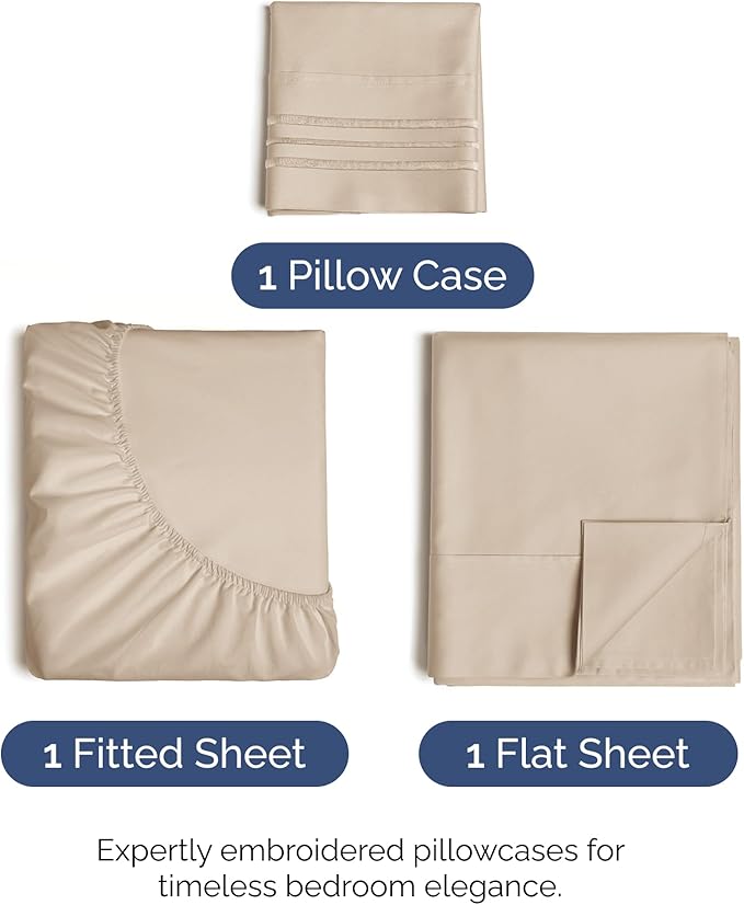 Twin Size 3 Piece Sheet Set - Comfy Breathable & Cooling Bed Sheets Set - Hotel Luxury Bedding for Women, Men, Kids, Teens, Boys & Girls - Deep Pockets, Ultra-Soft and Wrinkle Free - Oeko-Tex - Wheat