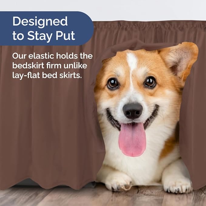 Wrap Around Dust Ruffle Bed Skirt - Brown - for Full Size Beds with 12 Inch Drop - Easy Fit Elastic Strap - Adjustable Pleated Bedskirt w/Brushed Fabric - Wrinkle Free - for Women, Men, Kids & Teens