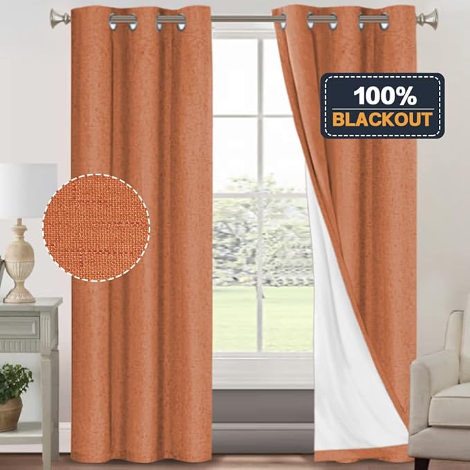 PrinceDeco 100% Blackout Curtains 84 inch Length 2 Panels Set Anti-Rust Grommet Linen Textured Curtains for Bedroom Solid Full Blackout Thermal Insulated with White Liner, Orange, 42" W x 84" L