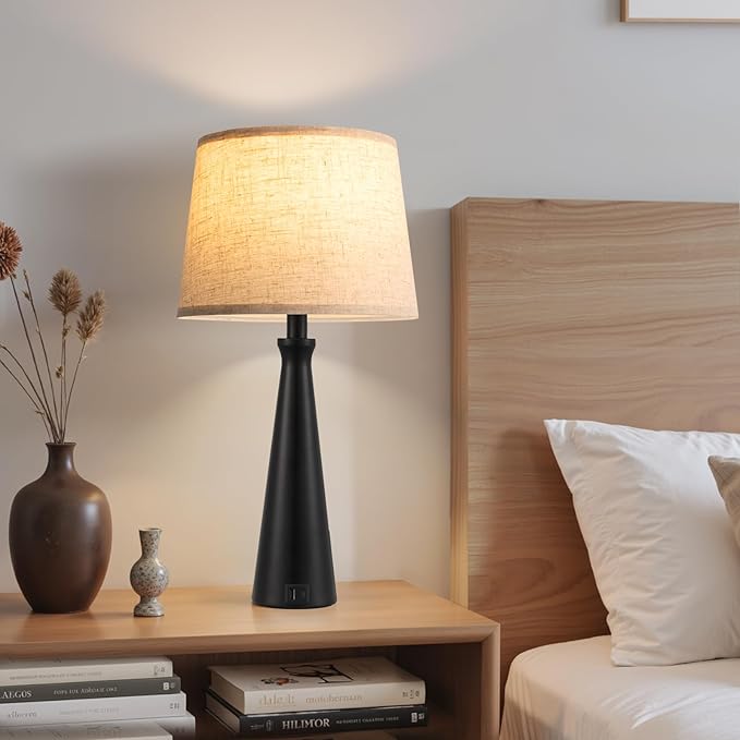 Seealle Modern Table Lamps Set of 2 - Touch Bedside Lamp for Nightstand with Dual USB C+A,3-Way Dimmable Black Nightstand Lamps for Living Room Bedroom End Table with Beige Shade(Bulb Included)