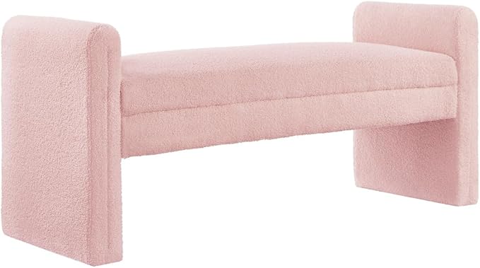 24KF Modern Upholstered Bed Bench Covered with Soft Boucle Teddy Fabric, Lovely Entryway Bench Ottoman with Armrest, 5062-Pink