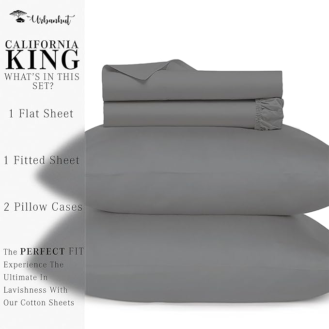 URBANHUT 800 Thread Count 100% Cotton California King Size Sheets, Luxury 4 Piece Cal King Bedsheets, Hotel Sheets Sateen Finish - Better Than Egyptian, 16" Elasticized Deep Pocket - Dark Grey