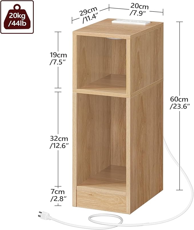Narrow Nightstand, Slim End Table with Charging Station and LED Sensor Light, Modern Side Table, Bedside Table, for Small Spaces, Living Room, Bedroom, Natural ETNA25E01