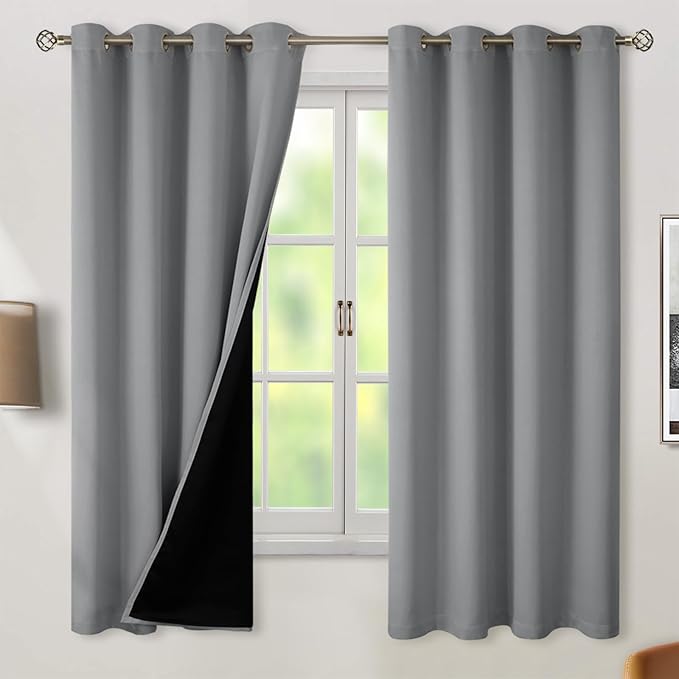 BGment Thermal Insulated 100% Blackout Curtains 63 Inch Length 2 Panels, Total Light Blocking Curtains for Bedroom, Grommet Window Drapes with Thick Black Liner, 52 Inch Wide Each Panel, Dove Grey