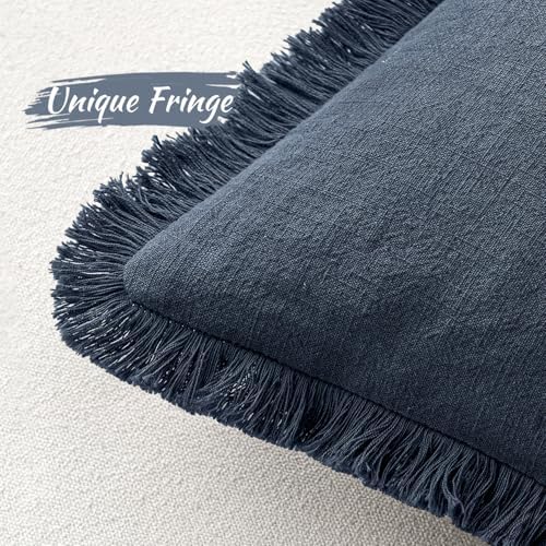 MIULEE Boho Linen Fringe Decorative Throw Pillow Covers Indigo Blue 20x20 - Image 3