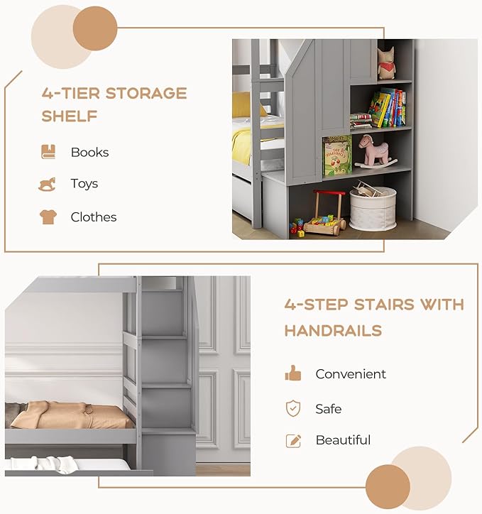KOTEK Twin Over Twin Bunk Bed with Trundle and Stairs, Solid Wood Bunk Bed Frame with Storage Shelf, Bunk Beds Detachable into 2 Platform Beds for Kids Teens Adults (Grey)