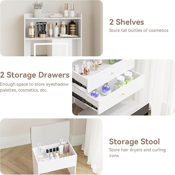 ARTETHYS Small Vanity Desk Set with 3 Adjustable Lighted Mirror and Storage Chair Mini Makeup Vanities Set for Compact Space White Dressing Table with Fold-up Panel for Bedroom