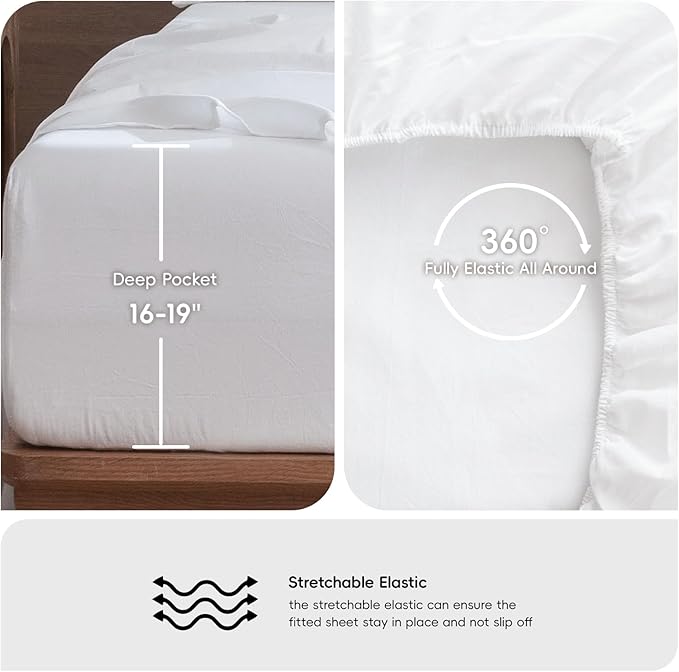 MooMee Bedding Sheet Set 100% Washed Cotton Linen Like Textured Breathable Durable Soft Comfy (Solid Bright White, Split King)