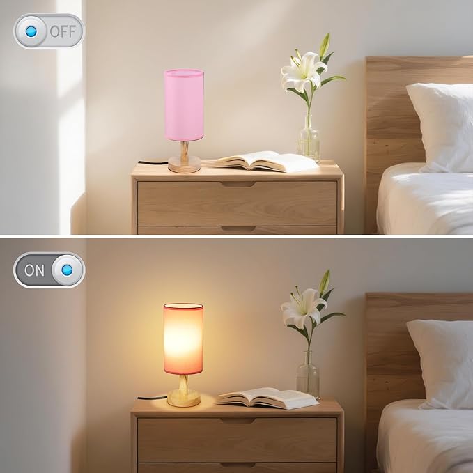 Pink Small Bedside Table Lamp for Bedroom,Natural Round Wood Base&Fabric Linen Shade,Cozy Night Table Light for Study Reading,Minimalist Boho Desk Lamp for Nightstand,Living Room,Nursery,Kitchen,Dorm