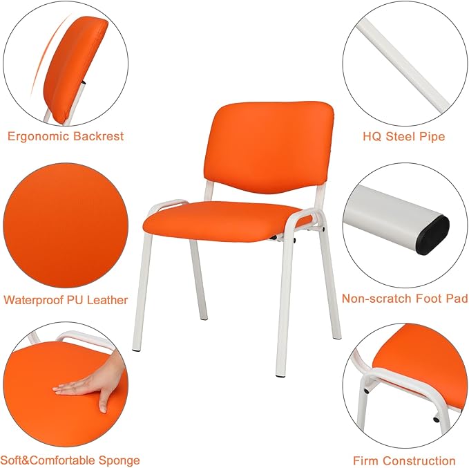 VINGLI Orange Waiting Room Chairs, 5-Pack PU Church Chairs Conference Stackable Office Guest & Reception Stacking for Meeting,Office Lobby, Simple&Space-saving Pu-orange