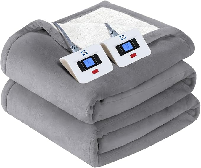 SEALY Electric Blanket King Size, Flannel & Sherpa Heated Blanket with 10 Heating Levels & 1-12 Hours Auto Shut Off, Fast Heating Warming Blanket, Machine Washable, Light Grey, 100 x 90 Inch