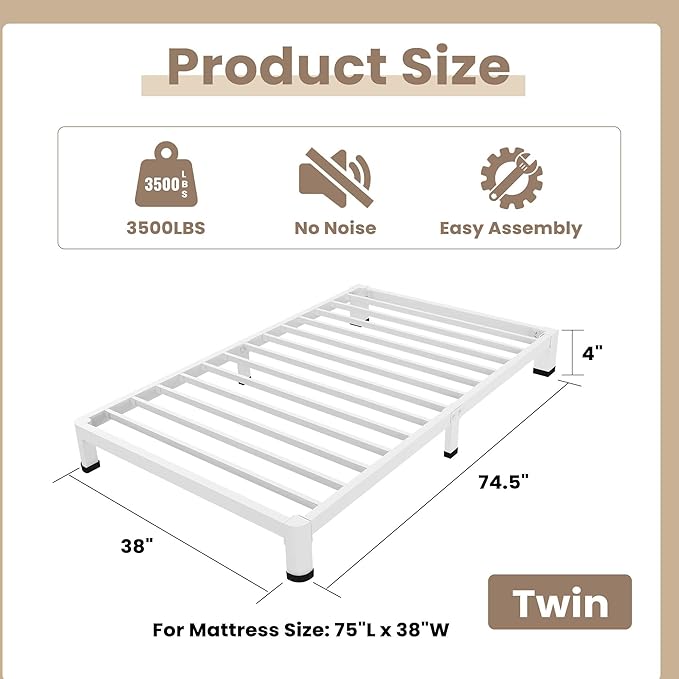 ROIL 4 Inch White Twin Bed Frame with Rounded Corner and Mattress Retainers, 3500LBS Heavy Duty Steel Slats No Box Spring Needed Platform Noise-Free Easy Assembly
