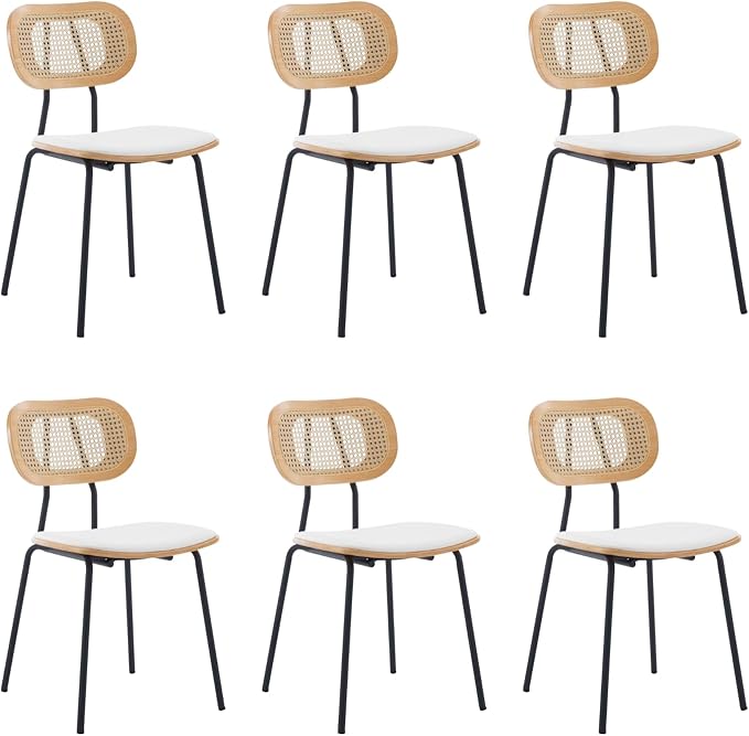 HEAH-YO Dining Chairs Set of 6, Upholstered Faux Leather Rattan Dining Chairs with Backrest and Metal Legs, Armless Kitchen Rattan Chairs for Dining Room, White