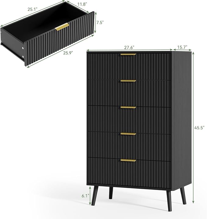 LYNSOM Fluted Dresser and Nightstand Sets 3 Piece, 5-Drawers Dresser and 1-Drawer Nightstands Set of 2, Wood Bedroom Furniture Set for Home, Bedroom, Hallway, Black