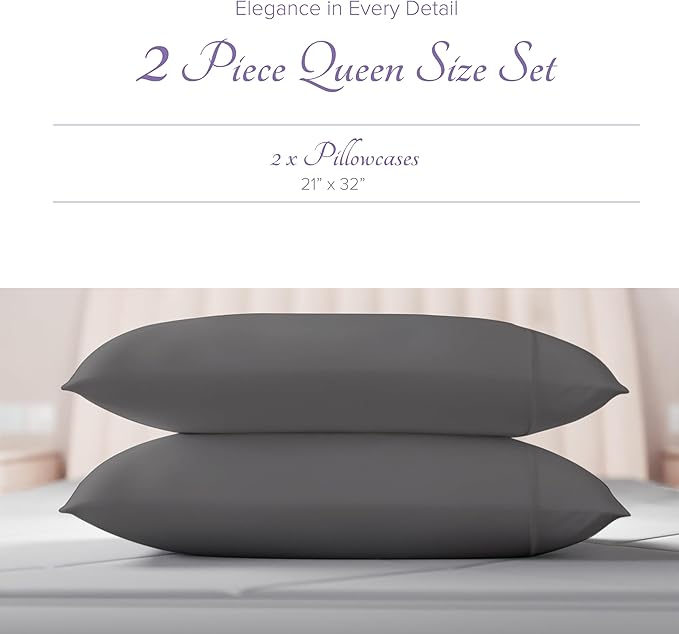 Carressa Linen 100% Egyptian Cotton Pillow Cases Queen Size Set of 2 - Luxury 600 Thread Count Dark Grey Standard/Queen Size Pillowcases, Silky Soft, Cooling Sateen Weave Hotel Quality Pillow Cover
