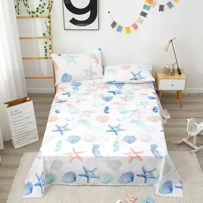 JSD Beach Theme Kids Printed Sheet Set Full, 4 Piece Starfish Jellyfish Coastal Summer Microfiber Bed Sheets Deep Pocket
