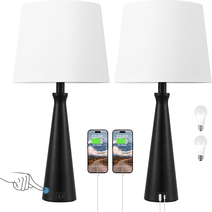Seealle Modern Table Lamps Set of 2 - Touch Bedside Lamp for Nightstand with Dual USB C+A,3-Way Dimmable Black Nightstand Lamps for Living Room Bedroom End Table(Bulb Included)