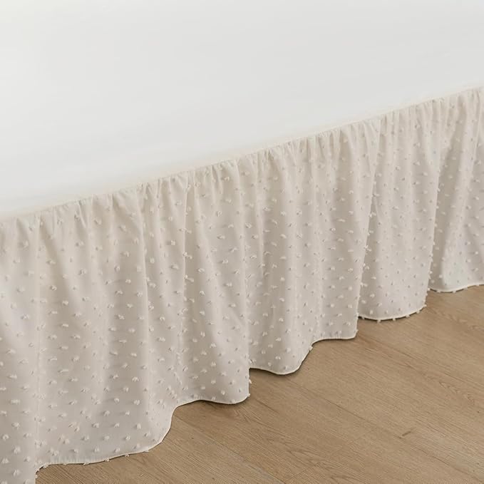 Tufted Dot Bed Skirt Queen Size Ruffled Bed Skirt with Split Corners, 18 Inch Drop Dust Ruffle Bed Skirts with Platform, Ivory