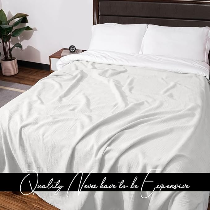 Avalon Bedding 100% Cotton Blankets Queen Size Thermal Blanket (90"x90") - Perfect Cotton Blanket Queen Size for Layering Bed in Any Season - Cotton Blankets for Bed (White)