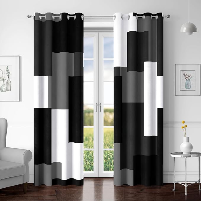 Black Grey 100% Blackout Curtains for Bedroom 72 inch Long 2 Panels Set White Grey Modern Abstract Geometric Black Out Curtains Insulated Room Darkening Window Drapes for Living Room, 52Wx72L
