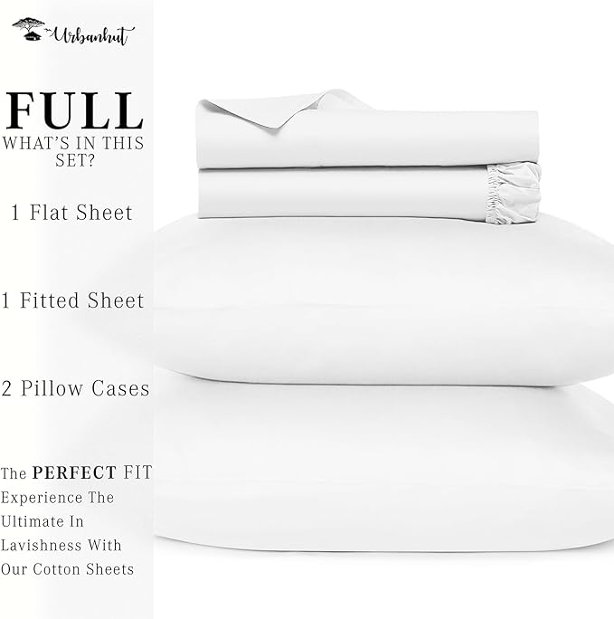 URBANHUT 800 Thread Count 100% Cotton Full Size Sheets, Luxury 4 Piece Full Bedsheets, Hotel Sheets Sateen Finish - Better Than Egyptian, 16" Elasticized Deep Pocket - White