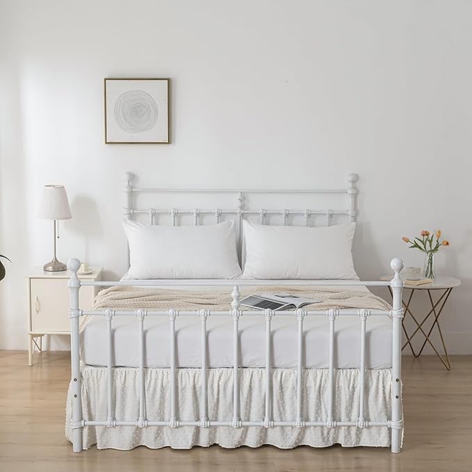 Tufted Dot Bed Skirt King Size Ruffled Bed Skirt with Split Corners, 16 Inch Drop Dust Ruffle Bed Skirts with Platform, Ivory