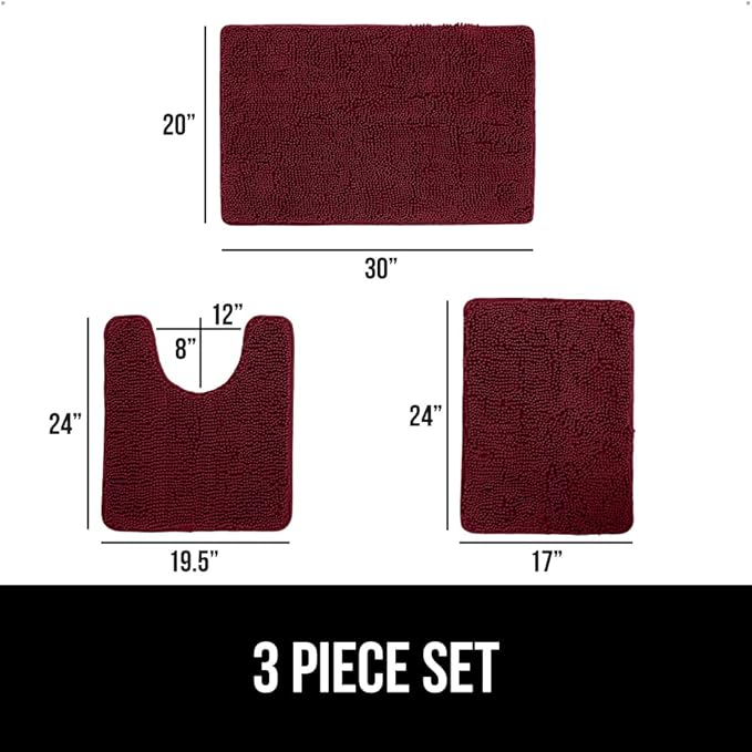 GORILLA GRIP Bathroom Rug Sets 3 Piece, Bath Mat Set and Oval Toilet Base with Rubber Backing, Plush Absorbent Shaggy Chenille Washable Mats, Includes 24x19.5, 24x17 and 30x20 Inch Rugs, Burgundy