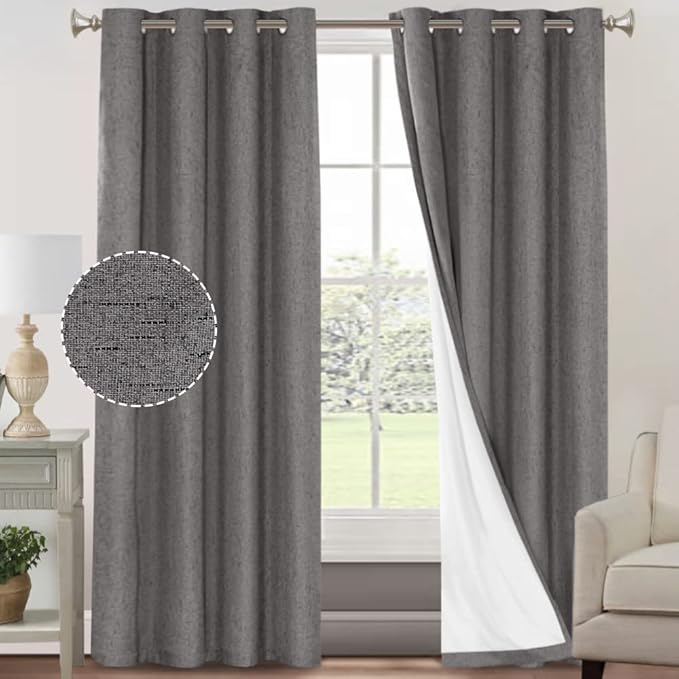 PrinceDeco Primitive Textured Linen 100% Blackout Curtains for Bedroom/Living Room Energy Saving Window Treatment Curtain Drapes, Burlap Fabric with White Thermal Insulated Liner (52 x 96 Inch, Grey)