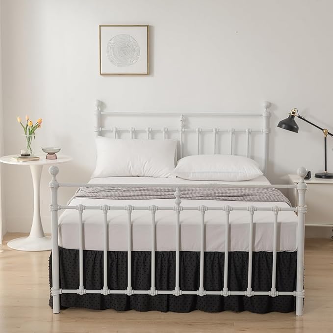 Tufted Dot Bed Skirt King Size Ruffled Bed Skirt with Split Corners, 14 Inch Drop Dust Ruffle Bed Skirts with Platform, Black