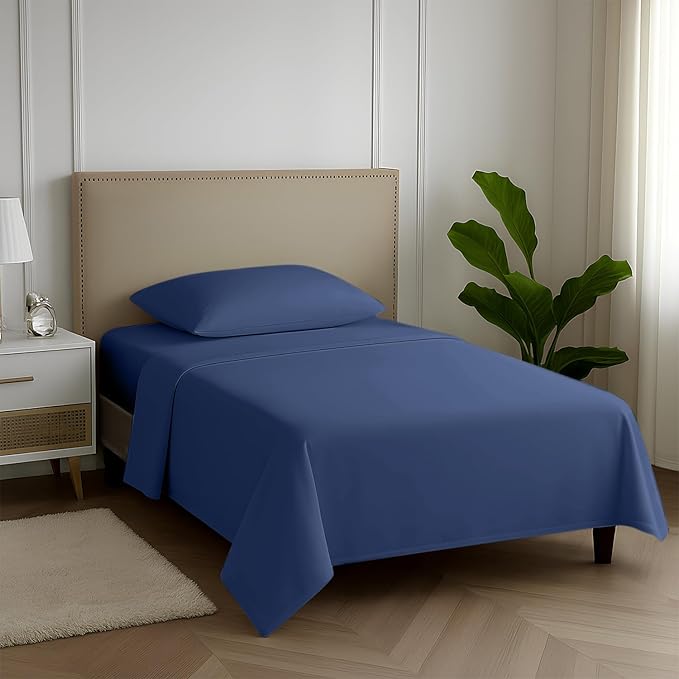 Carressa Linen 100% Egyptian Cotton Twin Sheets Set - 600 Thread Count Egyptian Cotton Luxury Twin Sheets (3 PC, Marine Blue), 16" Deep Pocket, Soft, Cooling, Sateen Weave College Dorm Room Bedding