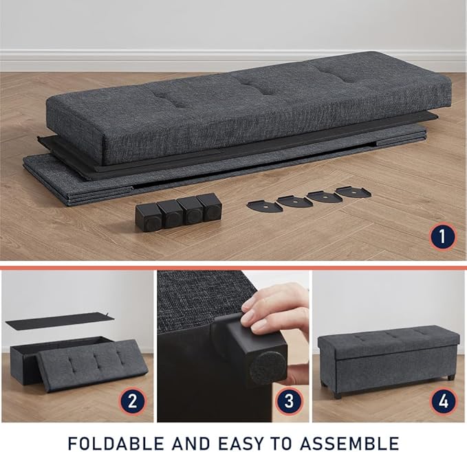 Ornavo Home 43 Inch Storage Ottoman, Large Storage Bench, Ottoman with Storage with Legs, Foot Rest Stool, Bedroom Bench - Black