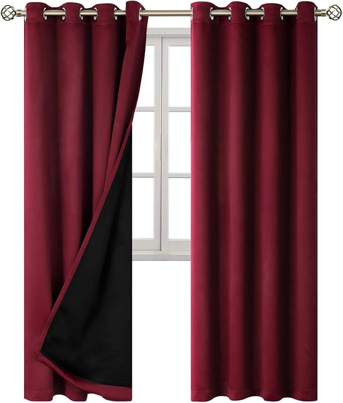 BGment Thermal Insulated 100% Blackout Curtains for Bedroom with Black Liner, Double Layer Full Room Darkening Noise Reducing Grommet Curtain (52 x 84 Inch, Burgundy Red, 2 Panels)
