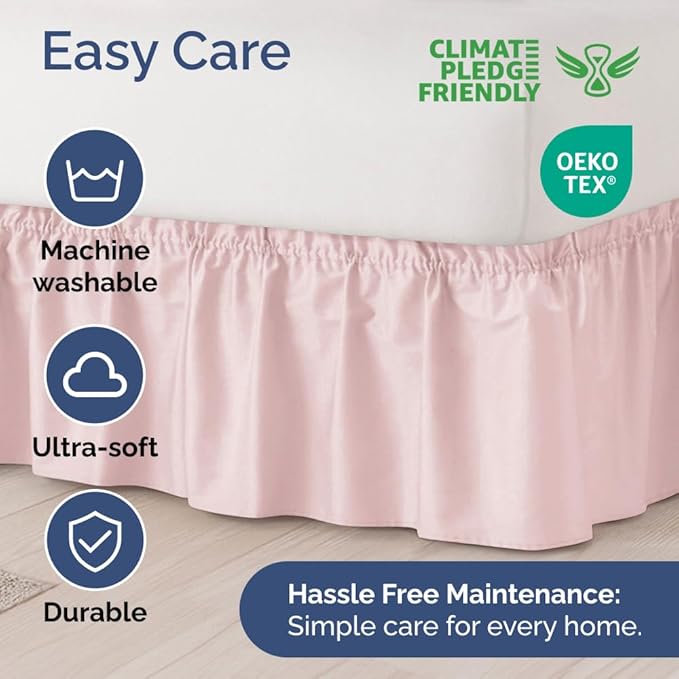Wrap Around Dust Ruffle Bed Skirt - Lavender Pink - for King Size Beds w/ 12 Inch Drop - Easy Fit Elastic Strap - Adjustable Pleated Bedskirt w/Brushed Fabric - Wrinkle Free, Women, Men, Kids & Teens