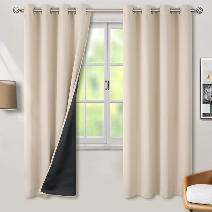 BGment Thermal Insulated 100% Blackout Curtains 72 Inch Length 2 Panels, Total Light Blocking Curtains for Bedroom, Grommet Window Drapes with Thick Black Liner, 52 Inch Wide Each Panel, Champagne