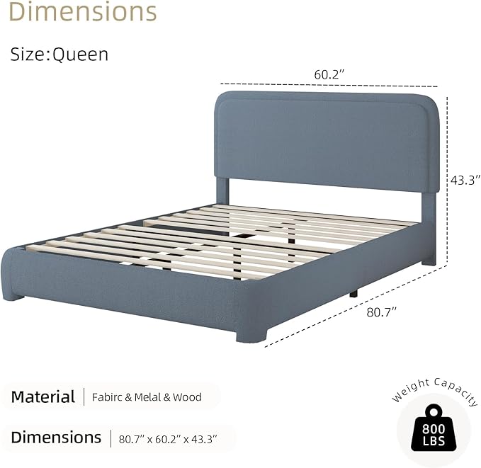 BarnFurin Queen Bed Frame with Headboard, Boucle Upholstered Platform Bed Frame, Luxurious Soft Rounded Corners, No Box Spring Required, Easy Assembly, Blue